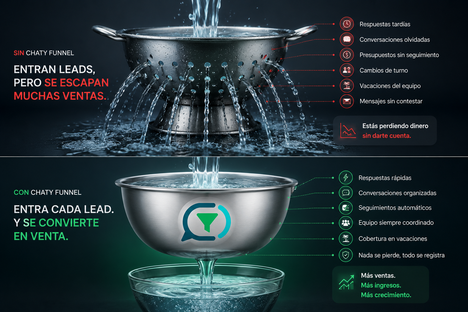 Sin Chaty Funnel los leads se escapan, con Chaty Funnel se convierten en ventas